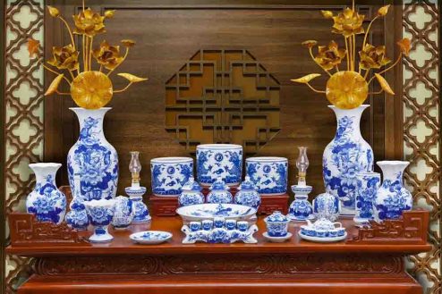 Bộ Đồ Thờ Cao Cấp Men Lam Vẽ Tay Hoa Sen GS1059