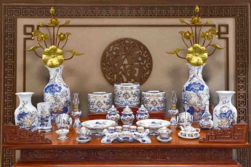Bộ Đồ Thờ Gia Tiên Men Lam Đắp Nổi Vẽ Vàng Cao Cấp GS1063