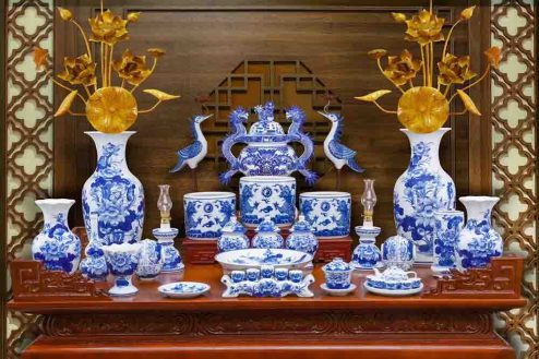 Bộ Đồ Thờ Gia Tiên Men Lam Vẽ Tay Hoa Sen GS1068