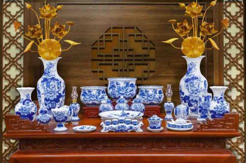 Bộ Đồ Thờ Thần Linh Gia Tiên Men Ngọc Vẽ Tay GS1071