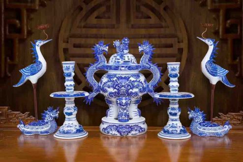 Bộ Ngũ Sự Men Lam Vẽ Tay Cao Cấp GS1090