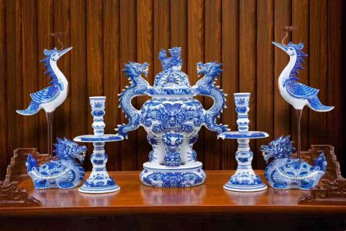 Bộ Ngũ Sự Men Lam Vẽ Tay GS1091