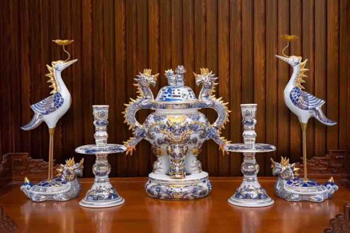 Bộ Ngũ Sự Men Lam Vẽ Vàng 24K GS1089