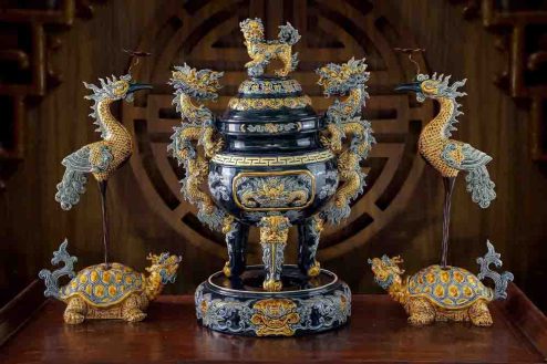 Bộ Tam Sự Men Màu Tìm Đắp Nổi Bát Tràng GS1095