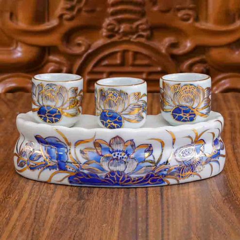 Kỷ Chén Thờ Men Lam Vẽ Vàng 24K Cao Cấp GS1159