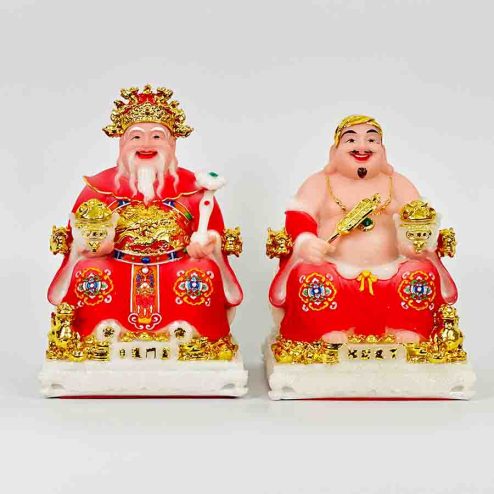 Tượng Thần Tài Ông Địa Bộ 2 Ông Phú Quý Rồng Đá Đỏ T0148