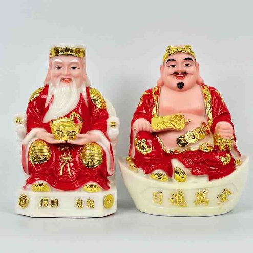 Tượng Thần Tài Thổ Địa Bộ 2 Ông Đá Đỏ Mẫu Thỏi Vàng T0138
