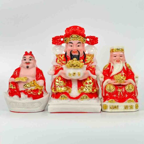 Tượng Thần Tài Thổ Địa Đá Việt Đỏ Mẫu Thỏi Vàng Bộ 3 Ông T0136