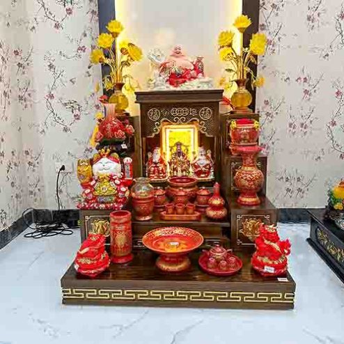 Ban Thần Tài Thổ Địa Hiện Đại Đủ Đồ Thờ Gấm Đỏ Cao Cấp TT819