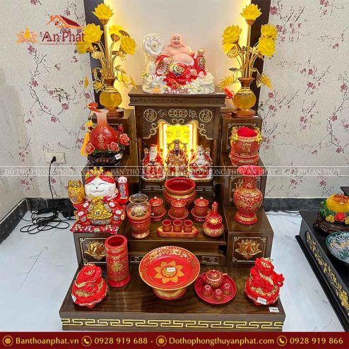 Ban Thần Tài Thổ Địa Hiện Đại Đủ Đồ Thờ Gấm Đỏ Cao Cấp TT819 8 ban than tai tho dia hien dai du do tho gam do cao cap tt819 3