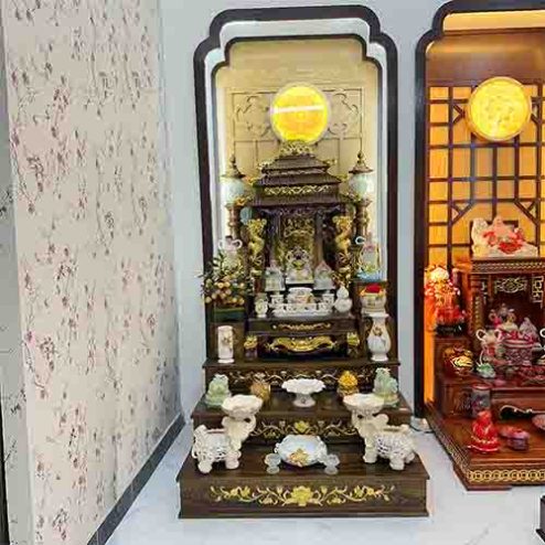 Ban Thần Tài Thổ Địa Mái Chùa Cao Cấp Đủ Đồ Thờ Bạch Ngọc Dát Vàng TT794