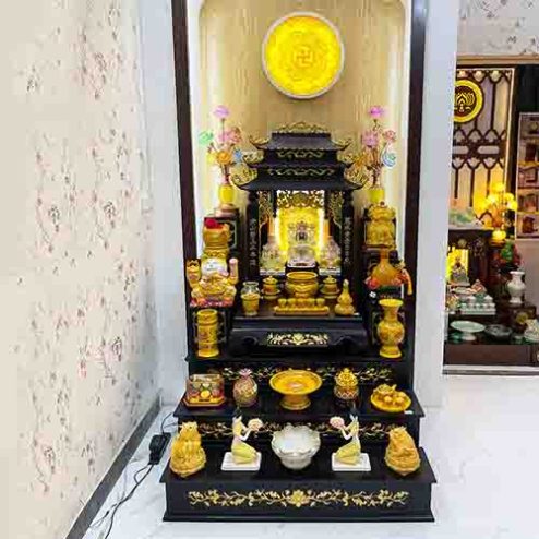 Bàn Thờ Thần Tài Gỗ Hương Cao Cấp Đủ Đồ Thờ Gấm Vàng TT821