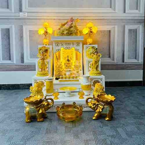 Bàn Thờ Thần Tài Ông Địa Trắng Đủ Đồ Thờ Màu Thạch Anh TT818