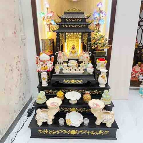 Bàn Thờ Thần Tài Thổ Địa Gỗ Hương Đá Đầy Đủ Đồ Thờ Cao Cấp Dát Vàng TT796