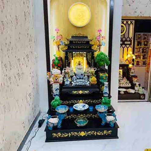 Bàn Thờ Thần Tài Thổ Địa Mái Chùa Gỗ Hương Đủ Đồ Thờ Men Ngọc TT834