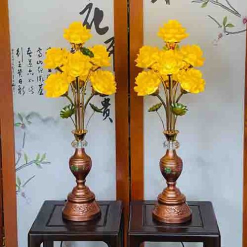 Đèn Thờ Cao Cấp Thân Đồng 7 Bông Hoa Sen Lưu Ly 2 Đế DT1085