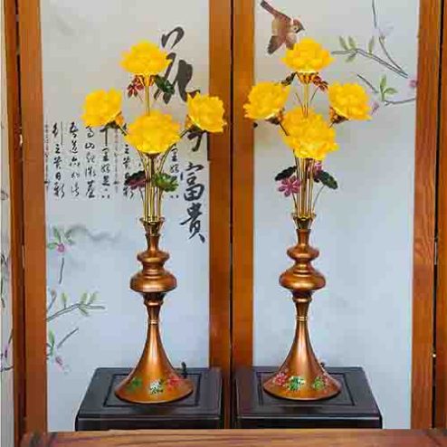 Đèn Thờ Hoa Sen Lưu Ly 5 Bông Thân Đồng Chân Loe DT1082