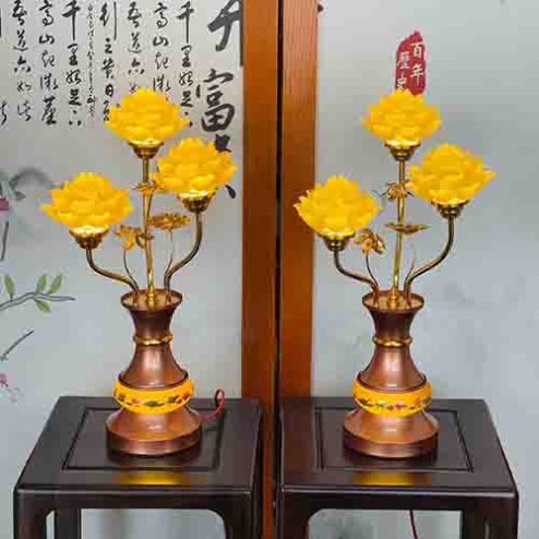 Đèn Thờ Lưu Ly 3 Bông Bụng Dẹt Hoa Sen DT1081