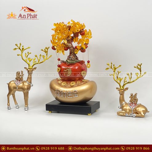 Tượng Hươu Vàng Kết Hợp Cùng Cây Kim Tiền