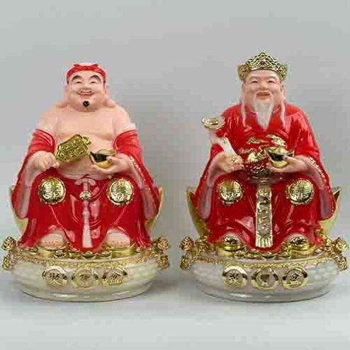 Tượng Thần Tài Ông Địa Bộ 2 Ông Chậu Vàng Đá Cao Cấp Đỏ T0196
