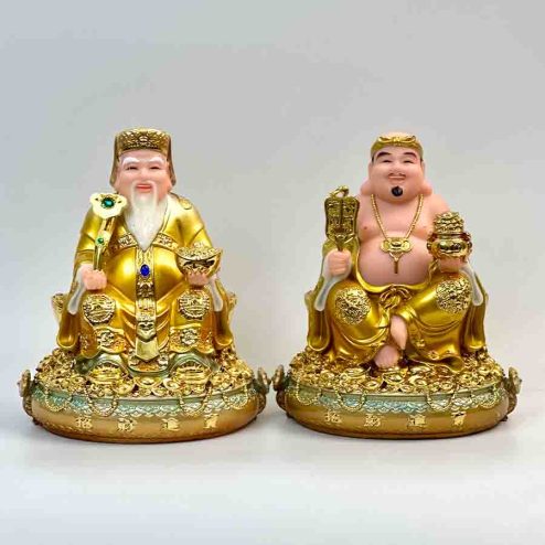 Tượng Thần Tài Thổ Địa Bộ 2 Ông Đá Vàng Cao Cấp Đế Tròn T0178
