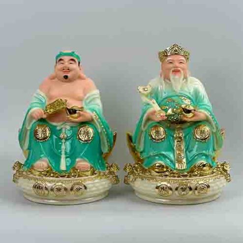 Tượng Thần Tài Thổ Địa Bộ 2 Ông Để Tròn Đá Thạch Anh Xanh T0187