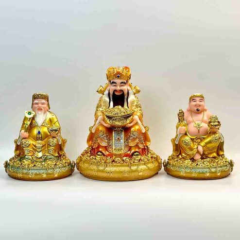 Tượng Thần Tài Thổ Địa Bộ 3 Ông Đá Vàng Cao Cấp Đế Tròn T0177