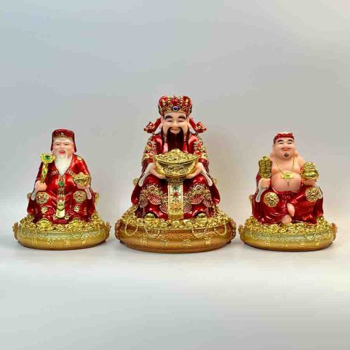 Tượng Thần Tài Thổ Địa Đá Đỏ Cao Cấp Đế Tròn Bộ 3 Ông T0174