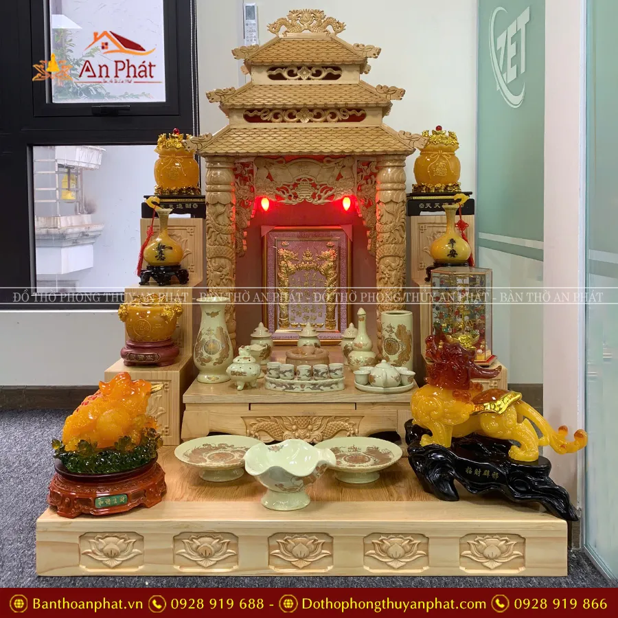 Bàn Thờ Thần Tài Gỗ Sồi Đồ Thờ Men Vàng TT869 7 Bàn Thờ Thần Tài Gỗ Sồi Đồ Thờ Men Vàng TT869
